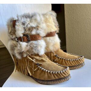 El Vaquero Moccasin Boots Sz 41 (US Women’s 9.5/10) Martha Rabbit Fur And Suede